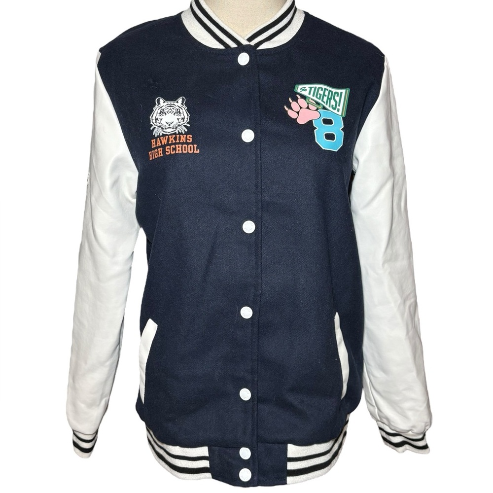 Justice Stranger Things Kids Varsity Jacket Navy and White XL 16/18